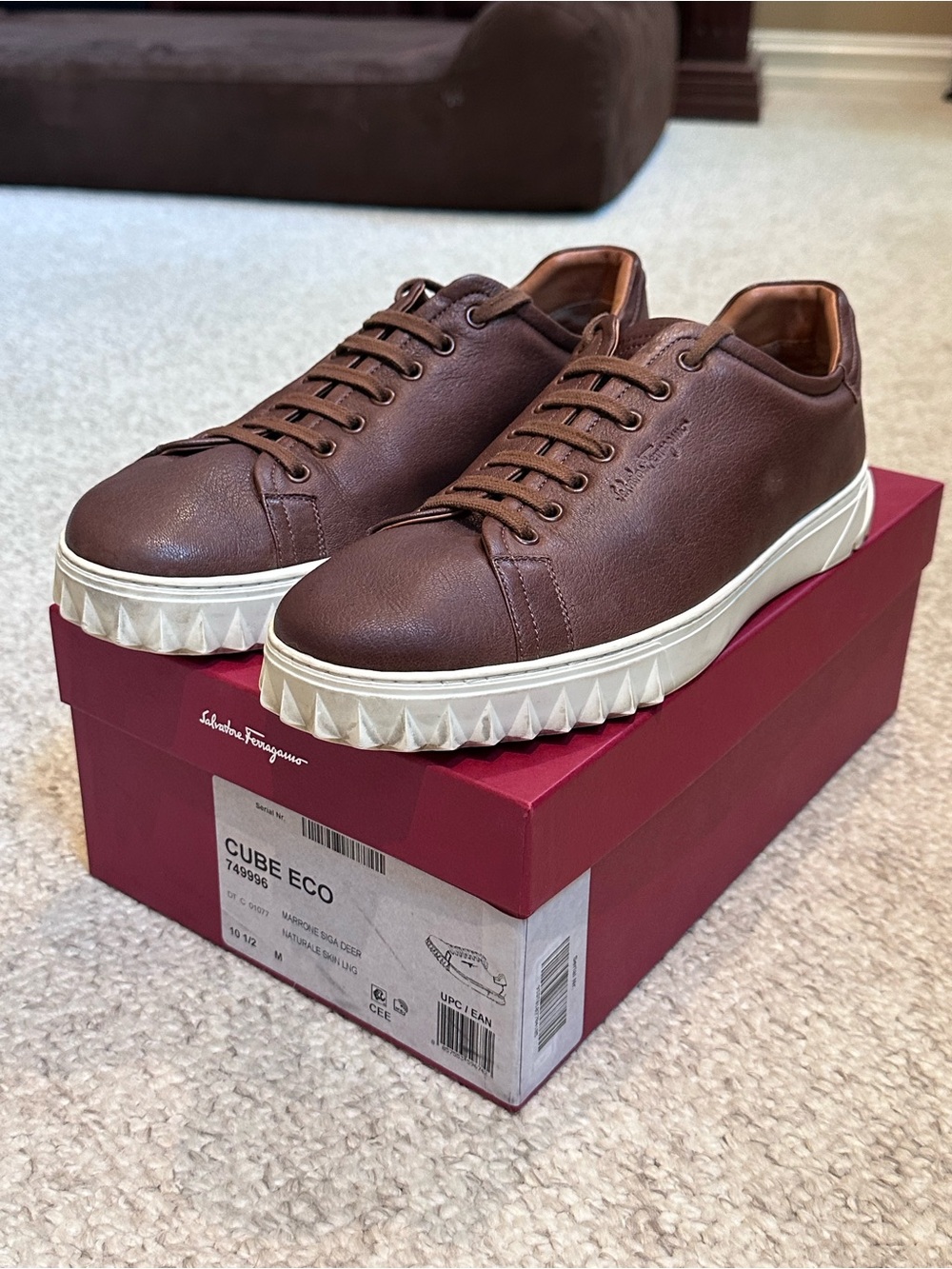 Salvatore Ferragamo Men’s Cube Eco Brown Leather Sneakers with White Trim